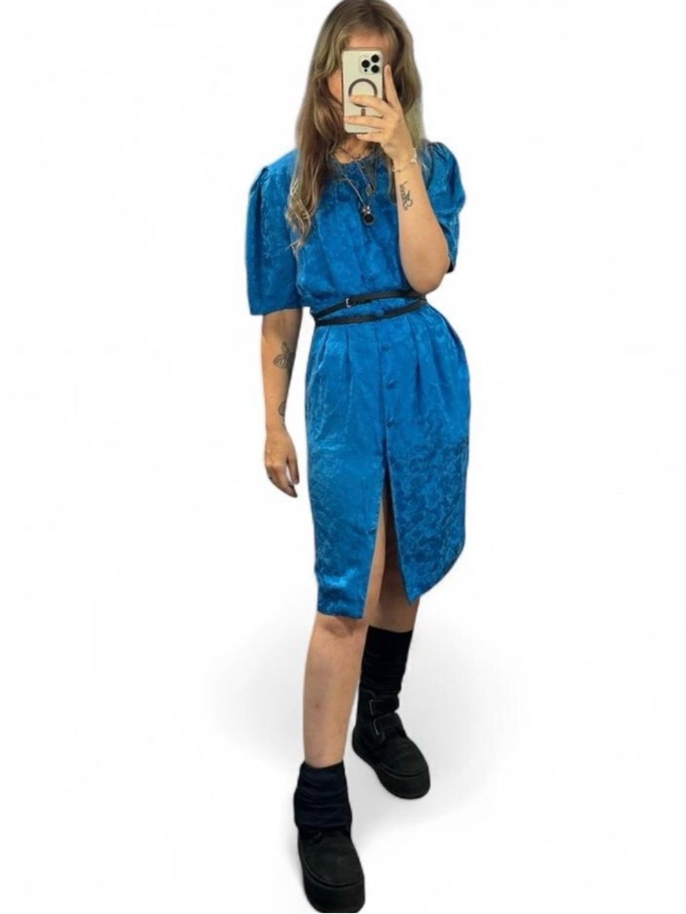 Vintage Adrianna Papell Electric Blue 100% Silk Floral Jacquard Midi Dress - Picture 3 of 8
